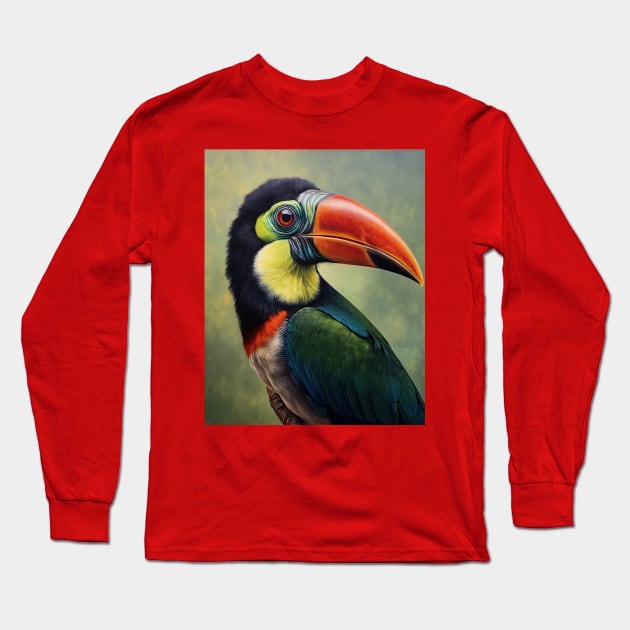 Amazing Zoo Green Aracari in Oil Paint Hyperrealism Long Sleeve T-Shirt by ABART BY ALEXST 